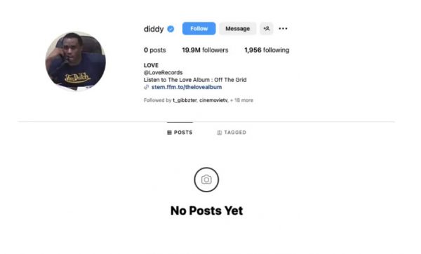 Screenshot από τον άδειο λογαριασμό του Sean Diddy Combs στο Instagram